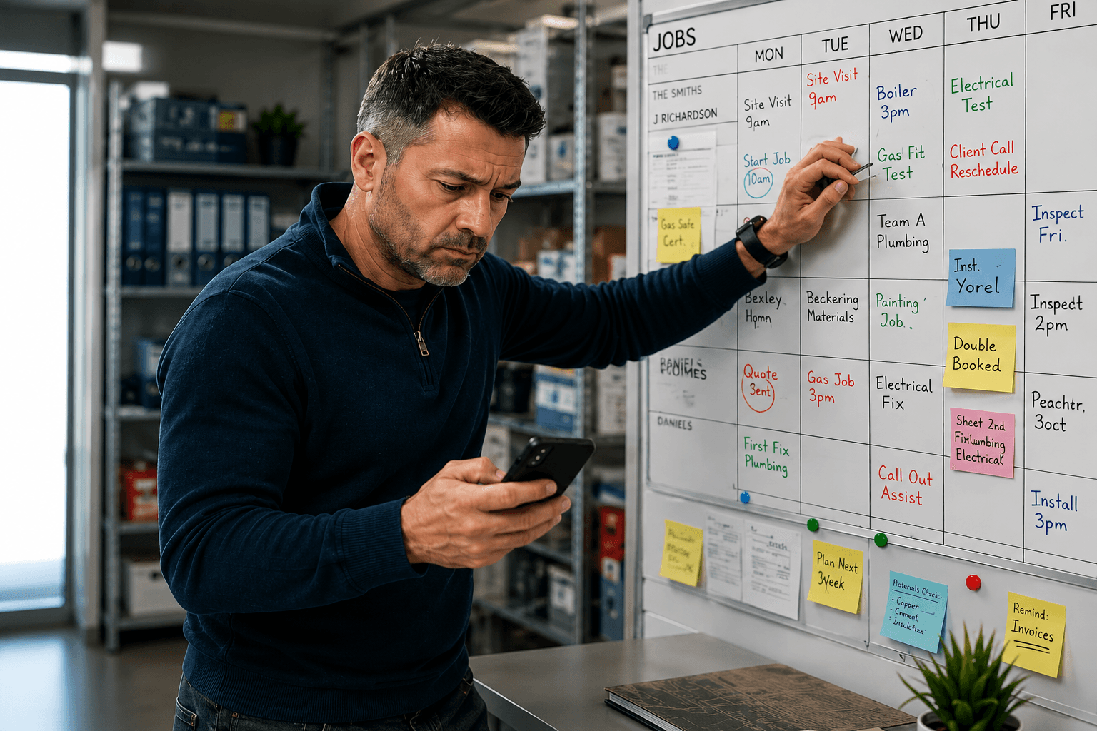 Trades owner checking a mobile phone while updating a busy jobs schedule board.